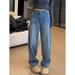 Clair Clair Blue Scimitar Spliced Jeans 2025 Autumn New High Waist Slimming Wide Leg Long Pants With Fleece For Plus Size Women_mkmklike.com