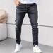 Men's Slim Fit Stretch Jeans - British Style Washed Denim, Mid-Rise With Zip Detail (Light Blue/Black/Gray, S-2XL)_mkmklike.com