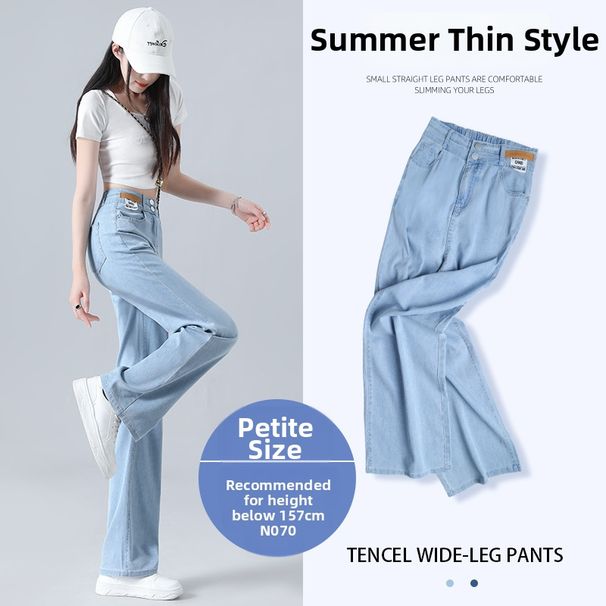 Women's Tencel Denim Jeans High Waisted Wide Leg Loose Fit Slim Ice Silk Straight Leg Pants Petite Figure Summer Thin_mkmklike.com