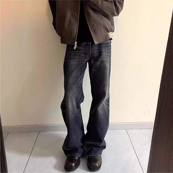 Men's Retro Whiskered Washed Denim Jeans Slim Fit Straight Leg Slightly Flared Trendy Brand High Street Vibe Long Pants_mkmklike.com