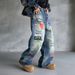 Men's Loose Fit Straight Leg Distressed Denim Jeans With Graffiti Wash - Vintage Blue Casual Streetwear Pants_mkmklike.com