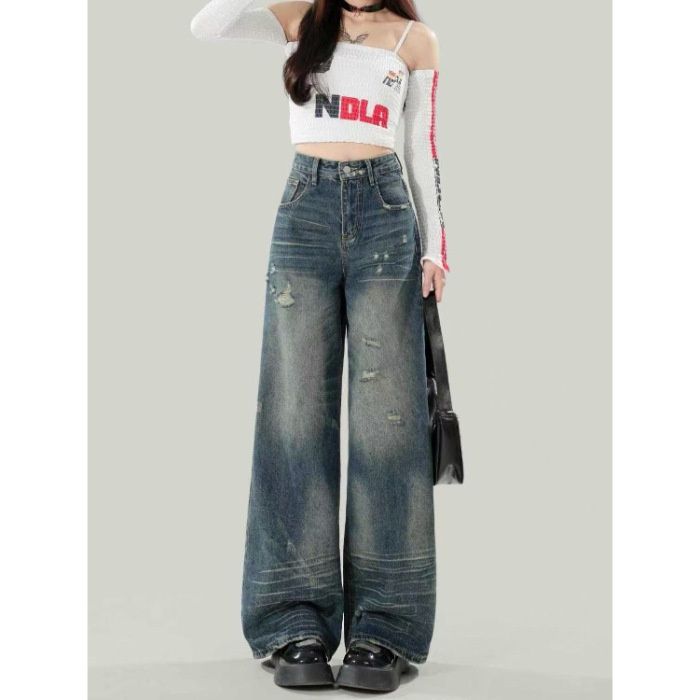 Unique Retro Blue Ripped Wide-leg Jeans For Women, Summer American-style Distressed Loose Straight-leg Pants, Versatile_mkmklike.com