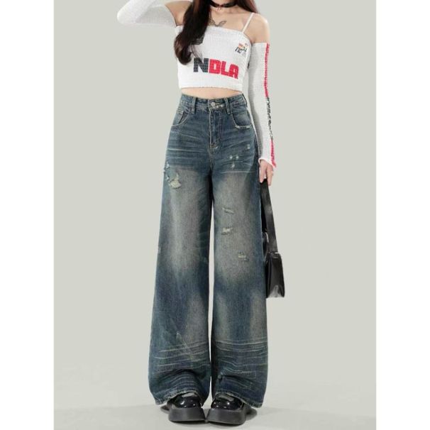 Unique Retro Blue Ripped Wide-leg Jeans For Women, Summer American-style Distressed Loose Straight-leg Pants, Versatile_mkmklike.com