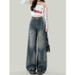 Unique Retro Blue Ripped Wide-leg Jeans For Women, Summer American-style Distressed Loose Straight-leg Pants, Versatile_mkmklike.com