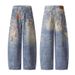 American Style 3D Digital Print Bear Chain Jeans For Men And Women, Designed Washed Wide-Leg Couple Straight Pants_mkmklike.com