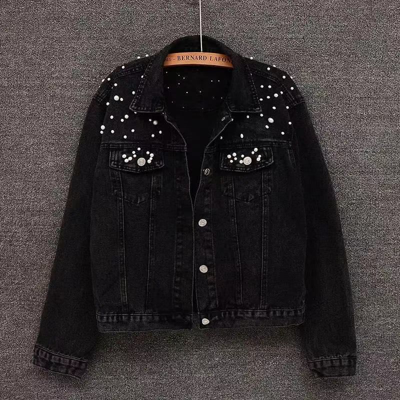 Korean Style Oversized Denim Jacket For Women – Embroidered Beaded Details, Loose Fit Cropped Jacket, Trendy Streetwear (S-5XL, Black/Light Blue)_mkmklike.com