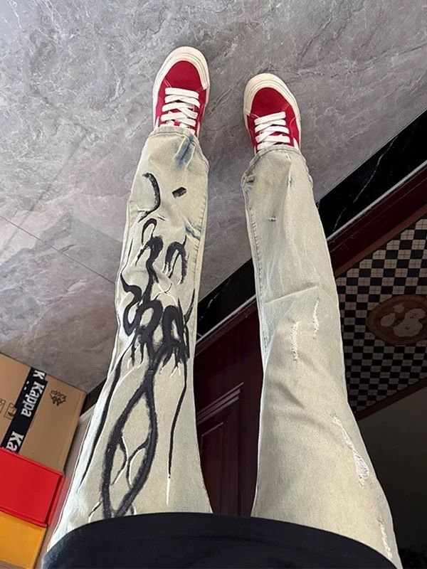 Yellow Mud Dyed Graffiti Jeans Men's Light And Thin American High Street Vibe Pants Ruffian Handsome Slim Straight Slightly Pulled Trousers_mkmklike.com