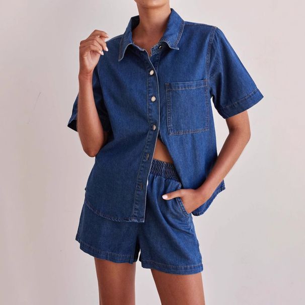 Women's New Summer Denim Suit Washed Vintage Solid Colour Short-sleeved Shirt Shorts Denim Two-piece Set_mkmklike.com