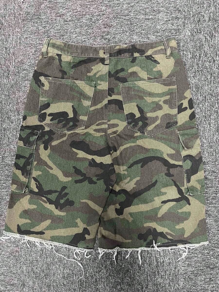 Retro Camouflage Wide Leg Cargo Denim Shorts for Men Casual Versatile Five Point Trendy Summer Pants_mkmklike.com