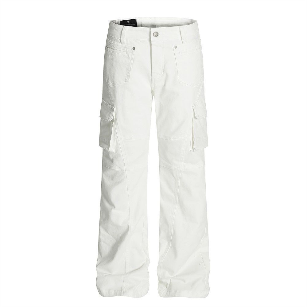 Solid Color Cargo Jeans Men's Vibe Trendy Brand High Street Flared Deconstructed Split Design Wide-Leg Long Pants_mkmklike.com