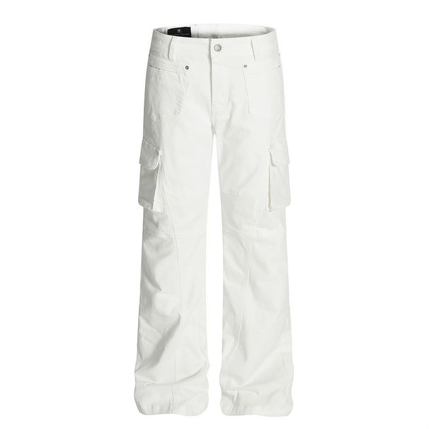 Solid Color Cargo Jeans Men's Vibe Trendy Brand High Street Flared Deconstructed Split Design Wide-Leg Long Pants_mkmklike.com