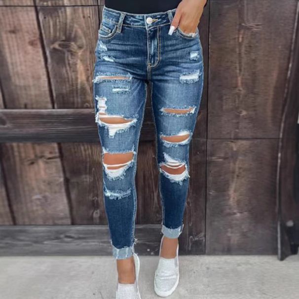Distressed Skinny Jeans For Women – High-Stretch Denim With Ripped Details (S-4XL, Dark Blue, Punk & Streetwear Style)_mkmklike.com