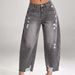 High-Waisted Grey Ripped Frayed Hem Banana Jeans Women's Retro Washed Loose Cropped Carrot Pants WT29_mkmklike.com