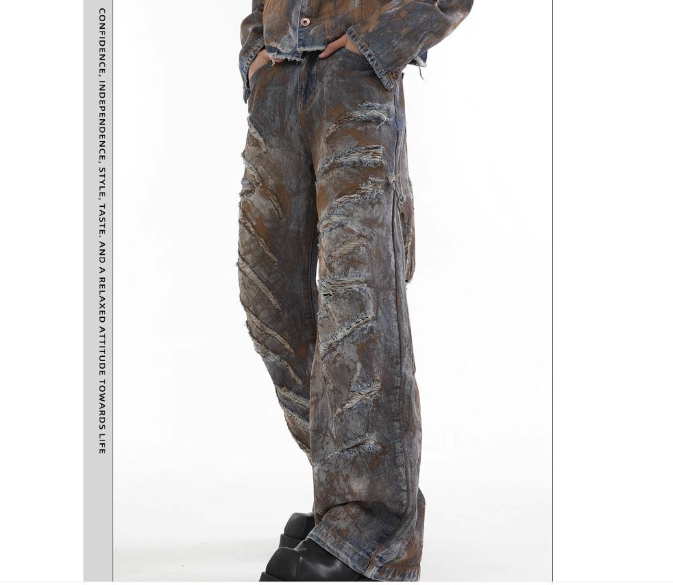 Men's Clothing Heavy Ink Splashed Digital Print Straight Jeans Wide Leg Drape Washed Distressed Flared Trousers For Men And Women_mkmklike.com