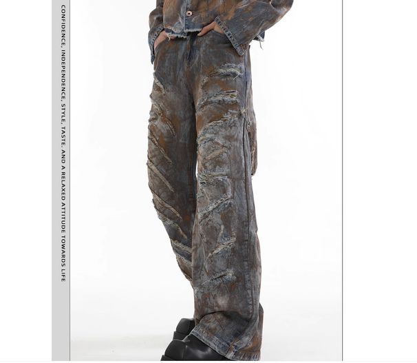 Men's Clothing Heavy Ink Splashed Digital Print Straight Jeans Wide Leg Drape Washed Distressed Flared Trousers For Men And Women_mkmklike.com