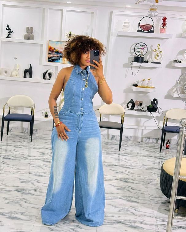 Women's Clothing Backless Halter Neck Sleeveless Lapel High Waist Denim Jumpsuit_mkmklike.com