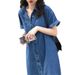 Korean Short Sleeved Loose Plus Size Denim Shirt For Women, Mid To Length, Slimming Dress, Tall And Long Skirt_mkmklike.com