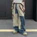 Vintage American Streetwear Washed Denim Pants Unisex Distressed Wide-Leg Jeans With Color Blocking And Curved Hem_mkmklike.com