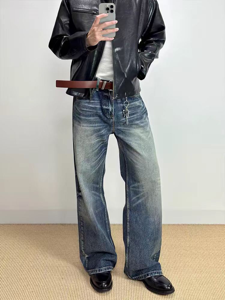 Men's Retro Washed Wide Leg Jeans High End Loose Straight Leg Slightly Flared Trousers_mkmklike.com