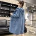 K Plus Size Women's Denim Jacket; Mid-length, Long-sleeved, Hooded Cardigan Trench Coat._mkmklike.com