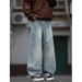 "Men's Distressed Patchwork Jeans – Vintage Washed With Asymmetrical Cut | Retro Loose Fit For Urban Streetwear"_mkmklike.com