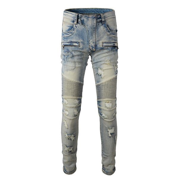Men's Clothing Hand Worn Beggar Style Old Slim Elastic Trendy Brand Tailored Motorcycle Jeans American Men's Denim 979_mkmklike.com