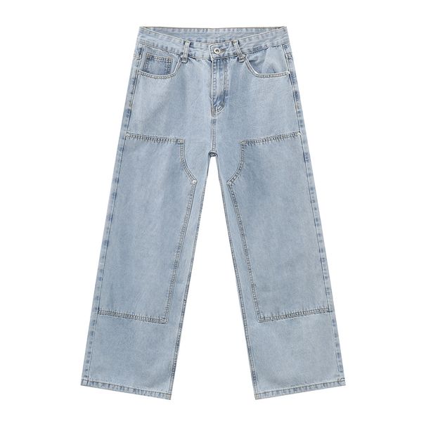 Men's Clothing Four Seasons Korean Style Bright Line Deconstruction Light Blue Straight Washed Loose Jeans Trend_mkmklike.com