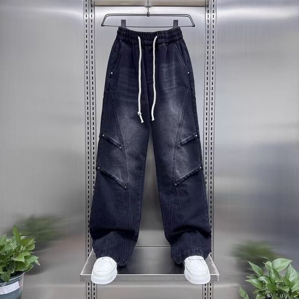 Men's Distressed Denim Jeans – Straight Leg Stretch Fit With Elastic Waist, Edgy Solid Color For Urban Streetwear_mkmklike.com