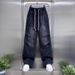 Men's Distressed Denim Jeans – Straight Leg Stretch Fit With Elastic Waist, Edgy Solid Color For Urban Streetwear_mkmklike.com