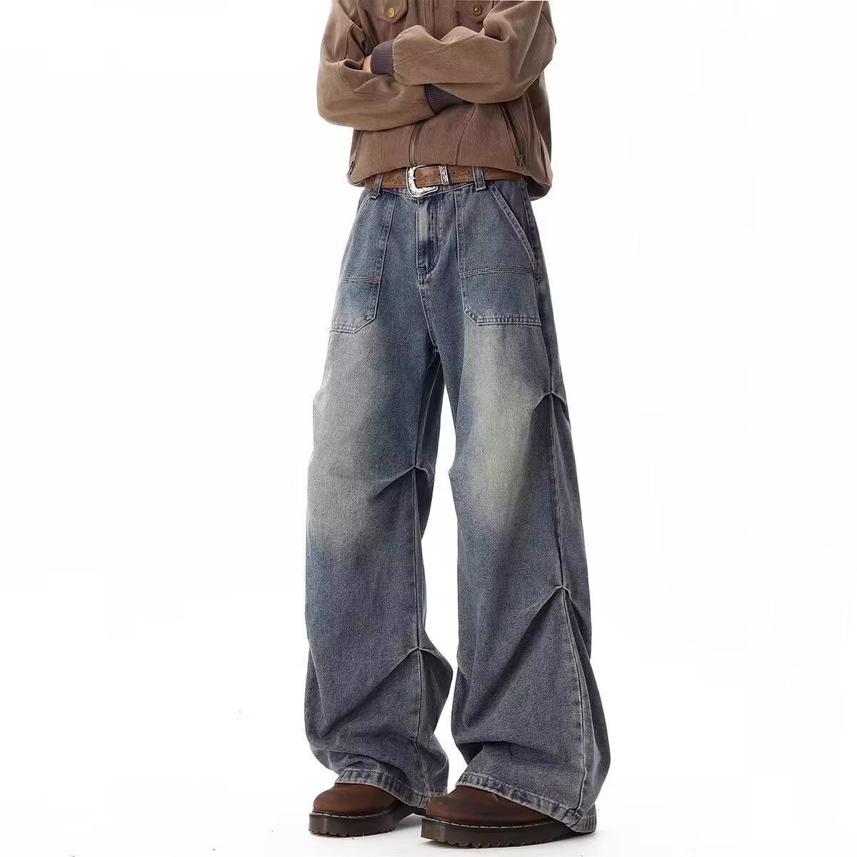 Men's Clothing Retro Deconstructed Washed Scimitar Jeans Slimming Loose Casual Straight Wide Leg Trousers For Men And Women_mkmklike.com
