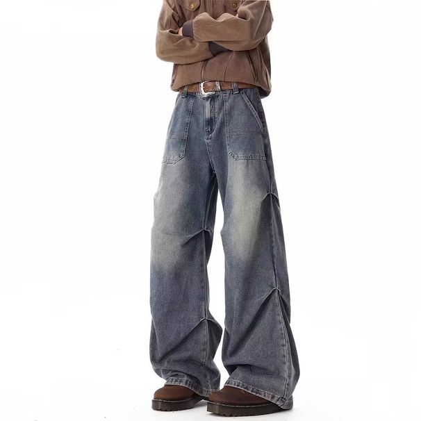 Men's Clothing Retro Deconstructed Washed Scimitar Jeans Slimming Loose Casual Straight Wide Leg Trousers For Men And Women_mkmklike.com