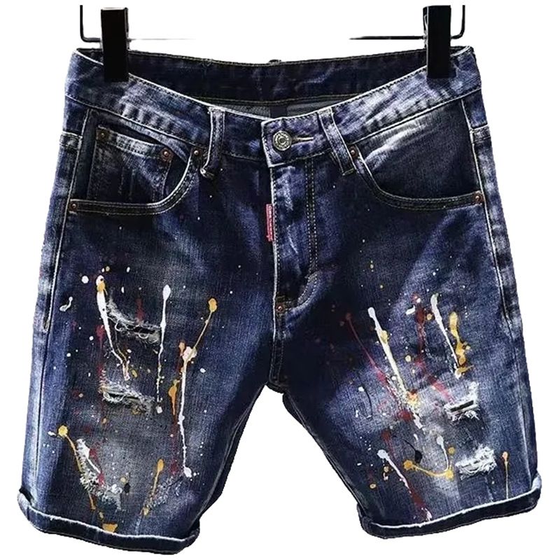Men's Clothing Street Fashion Ripped Patch Denim Shorts Paint Graffiti Five Point Trendy Personality Youth Shorts_mkmklike.com