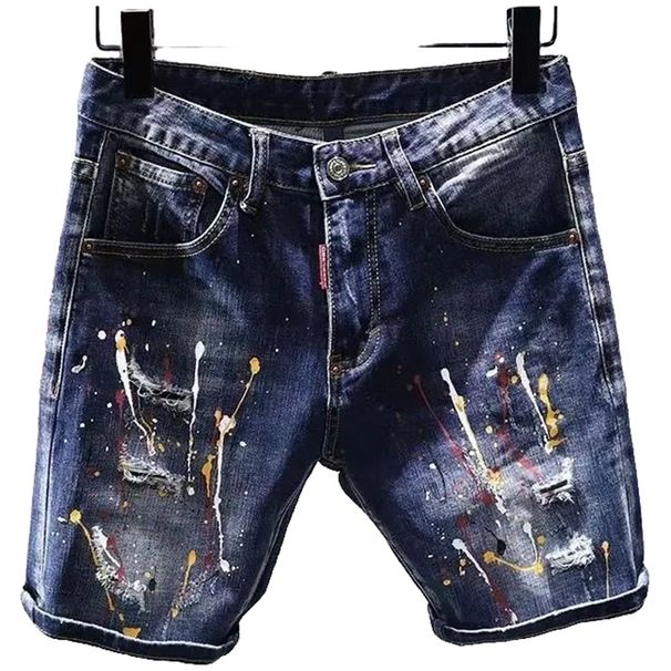 Men's Clothing Street Fashion Ripped Patch Denim Shorts Paint Graffiti Five Point Trendy Personality Youth Shorts_mkmklike.com