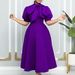 Women's Clothing short sleeved lace up bow puffy banquet dress dress_mkmklike.com