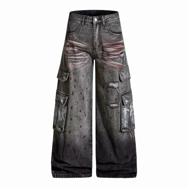 Post-Industrial Heavy-Duty Dirty Vintage Workwear Denim Men's Niche High Street Ink-Splattered Tie-Dye Ripped Wide-Leg_mkmklike.com