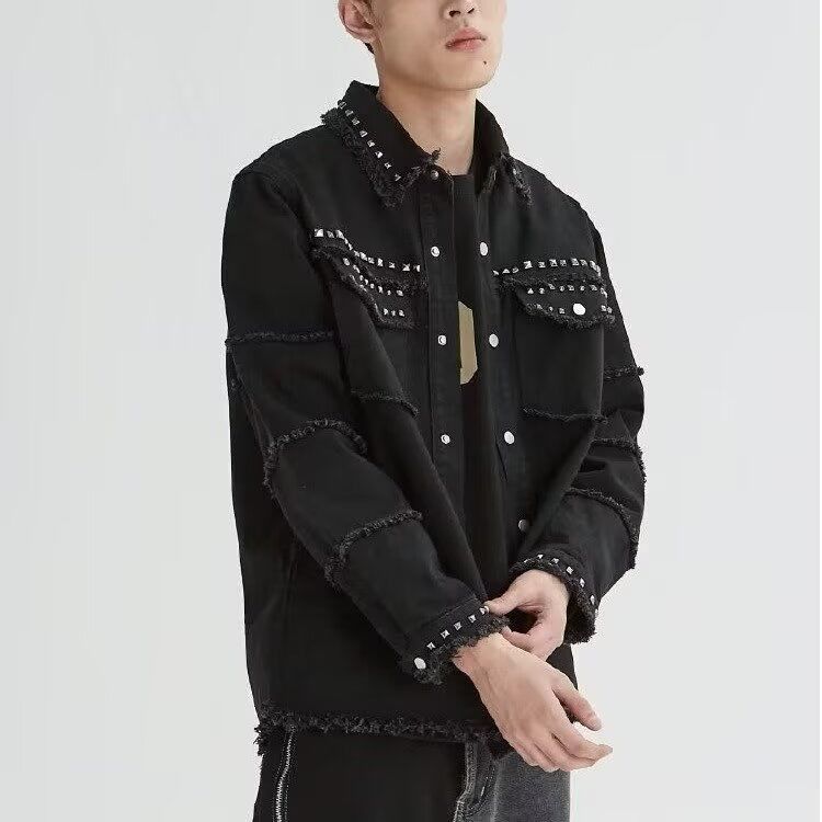 Men's Clothing Niche High Street Distressed Metal Punk Raw Edge Denim Jacket Trendy Design Loose Black Workwear Jacket_mkmklike.com