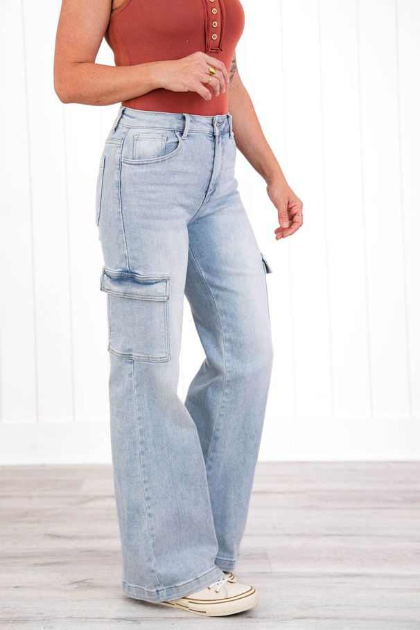 Women's High Waist Cargo Jeans - Stretch Denim Utility Pants With Multiple Pockets, Straight Leg & Streetwear Style (Light Blue, S-XXXL)_mkmklike.com