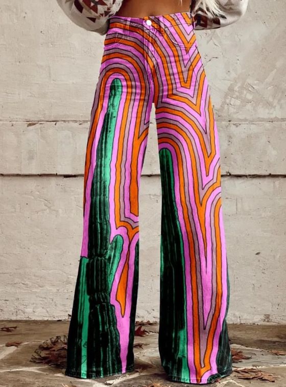 Women's Flared Denim-Look Printed Wide Leg Pants With 3D Star Design - Stretch Polyester Comfort Fit_mkmklike.com