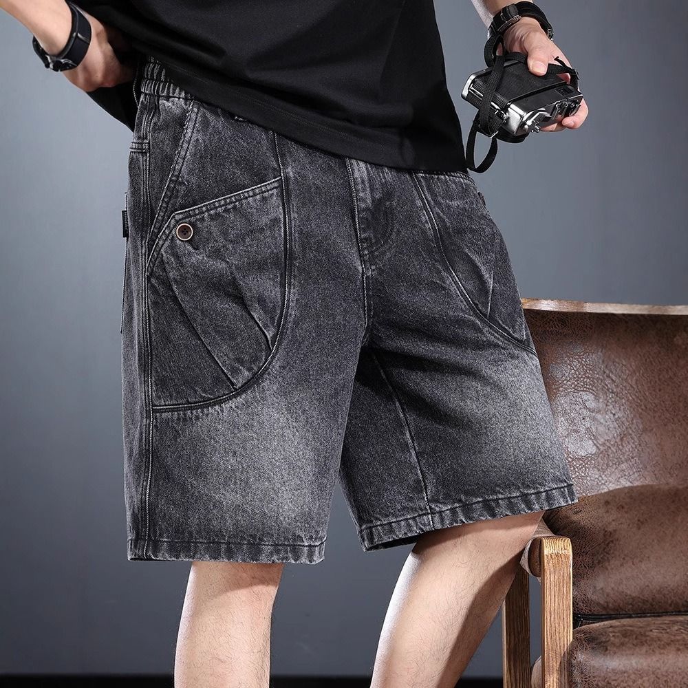 Heavyweight Washed Utility Cargo Shorts – Vintage Industrial Denim With Multi-Pocket Design (Summer Streetwear, Techwear-Inspired Aesthetic)_mkmklike.com