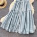"Sleeveless Denim Dress With Metal Buckle Collar – Slim Fit, Mid-Length Summer Dress (Light Blue/Black, S/M/L/XL)"_mkmklike.com