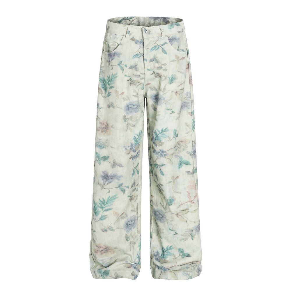 Plant Flower Digital Print Denim Straight Long Men's Vibe Trendy Design Sense Niche Loose Wide-Leg Pants_mkmklike.com