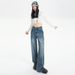 Spring Summer Blue Washed Straight Leg Jeans For Men And Women, Distressed Texture, High Waist, Loose Fit, Wide Leg,_mkmklike.com