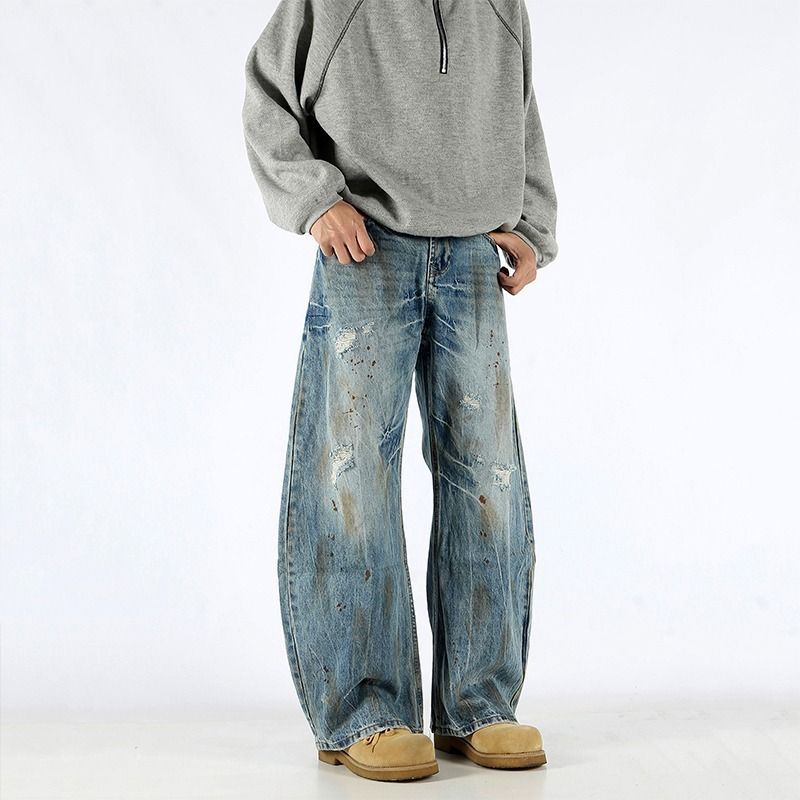 High Street Dirty Dyed Ripped Scimitar Jeans Men's Autumn Trendy Brand Vibe Wide Leg Silhouette Loose Straight Long Pants_mkmklike.com
