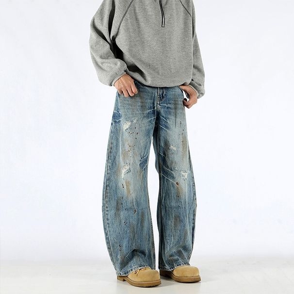 High Street Dirty Dyed Ripped Scimitar Jeans Men's Autumn Trendy Brand Vibe Wide Leg Silhouette Loose Straight Long Pants_mkmklike.com