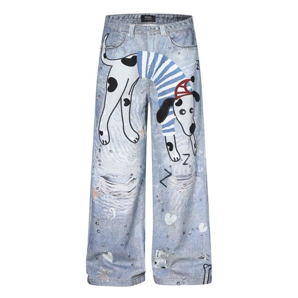 Men's Loose Wide Leg Jeans Retro High Street Style Trendy Cartoon Dog Print Design Casual Denim Pants_mkmklike.com