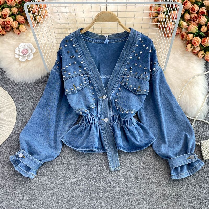 Denim Jacket Women's Loose Bf Fashion Versatile Beaded V-neck Short Waist Top_mkmklike.com