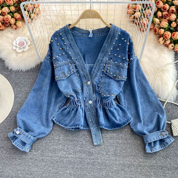 Denim Jacket Women's Loose Bf Fashion Versatile Beaded V-neck Short Waist Top_mkmklike.com