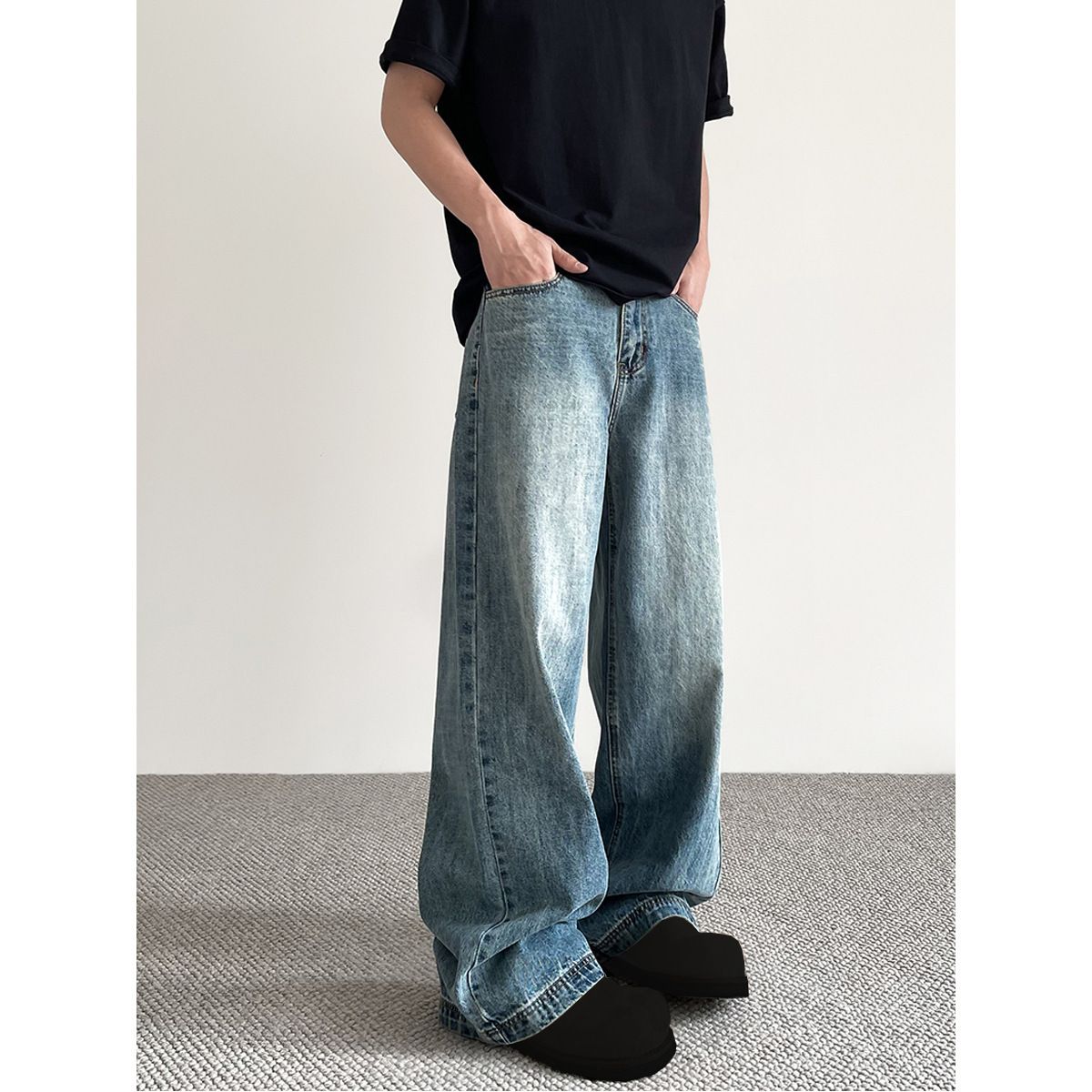 Men's Vintage Washed Blue Jeans Straight Leg Relaxed Fit High Street Clean Aesthetic Global Ready_mkmklike.com