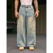 Men's High Street Distressed Raw Hem Washed Denim Jeans - Loose Fit Wide Leg Straight Pants For Streetwear Fashion_mkmklike.com