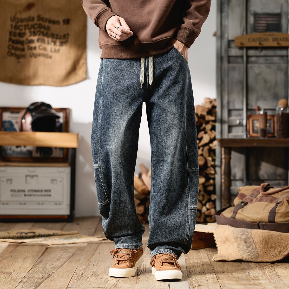 Autumn And Winter New American Scimitar Pants Men's Fattened Plus Size Retro Washed Loose Wide-footed Denim Trousers Men's Cross-border_mkmklike.com